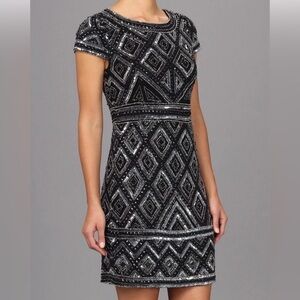 Adriana Papell Sequin Beaded Short Sleeve Dress in Black/Silver Size 10 NWT